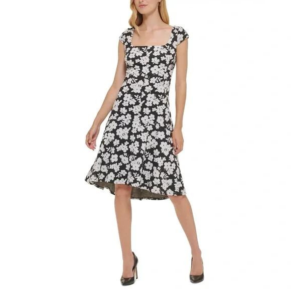Tommy Hilfiger Womens Floral Print Knit Fit & Flare Dress Black 2